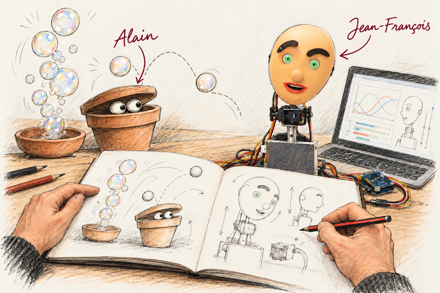 Croquis d’atelier : pots à yeux et bulles, SAM et sa programmation. Prénoms Alain et Jean-François.