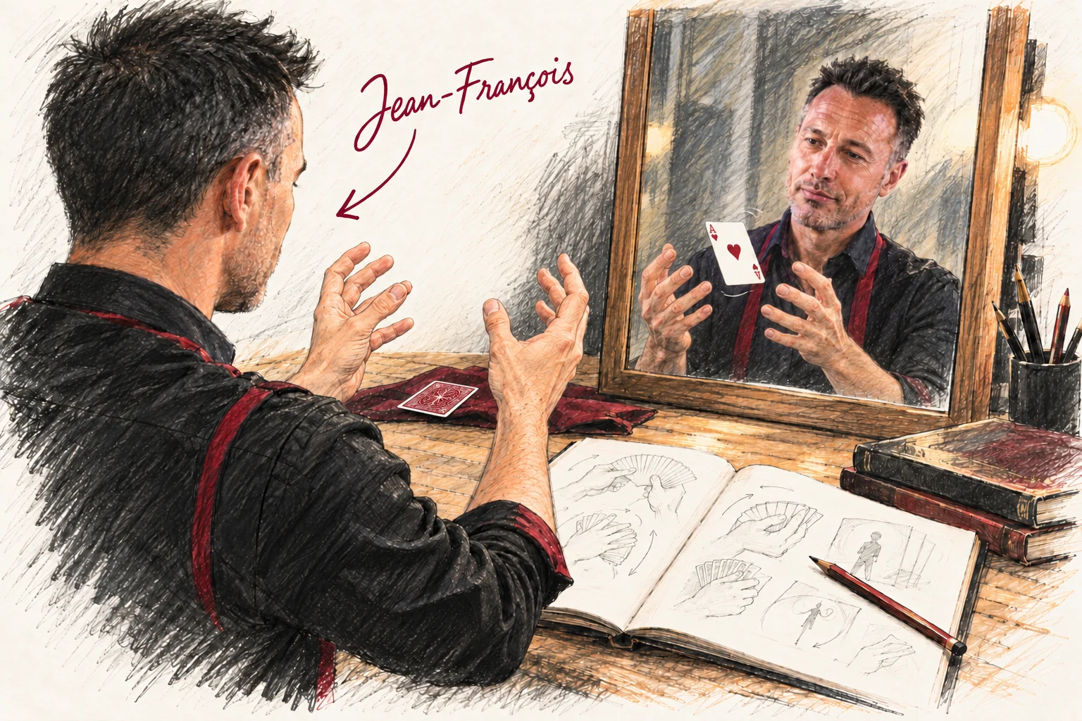 Jean-François s’entraîne devant un miroir : mains vides, carte sur la table et carte flottante dans le reflet.