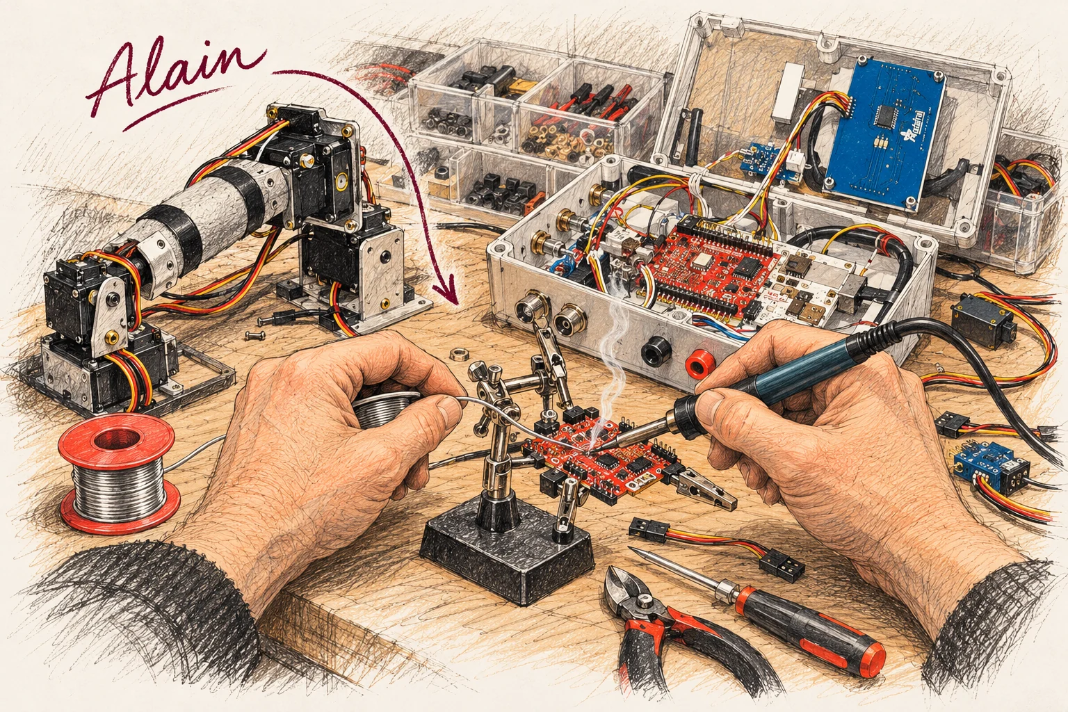 Les mains d’Alain soudent un circuit électronique sur un établi, près des mécanismes et du boîtier de commande.