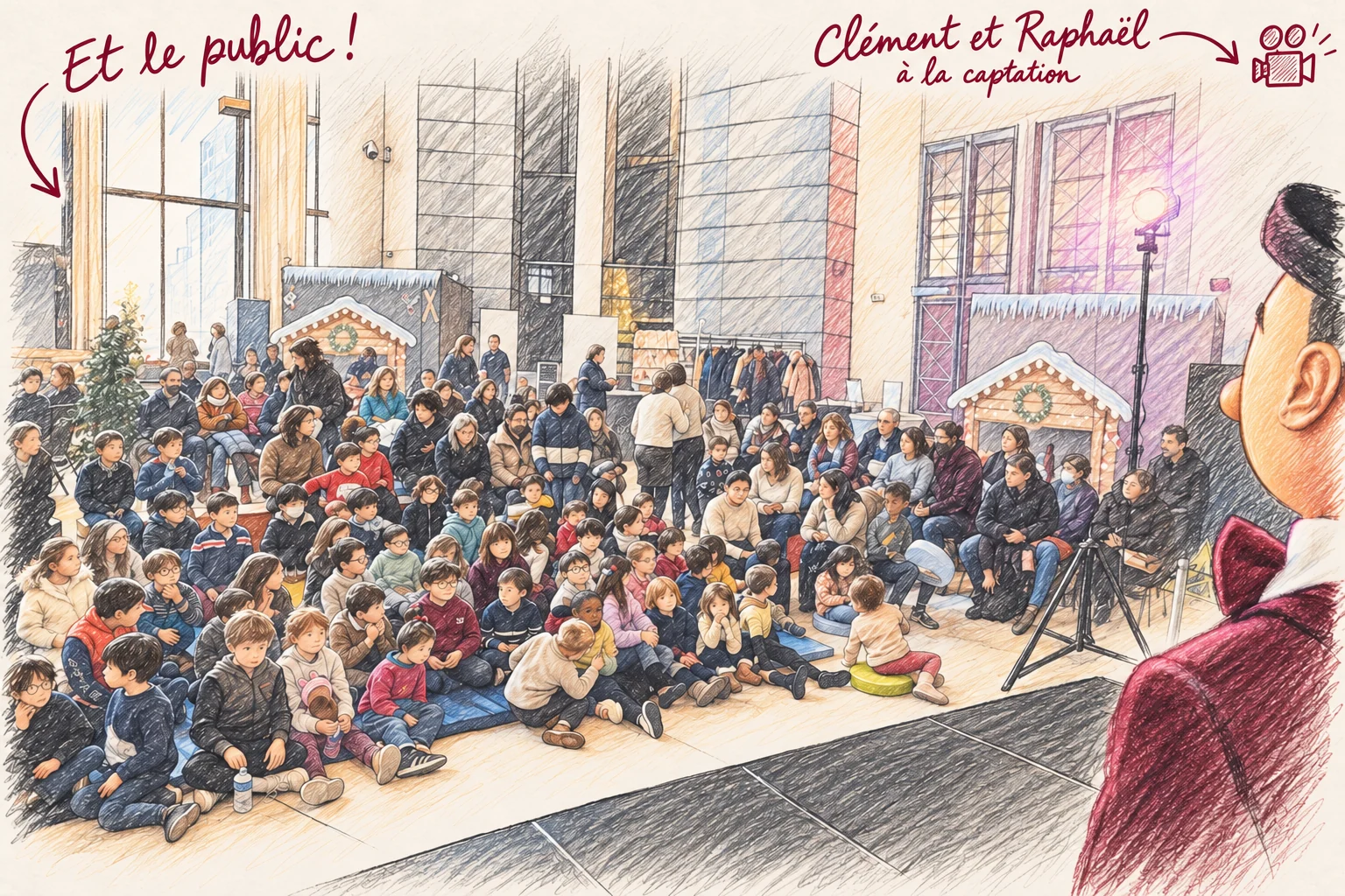 Public familial vu depuis la scène avec SAM au premier plan. Annotations : Et le public ! et Clément et Raphaël à la captation.