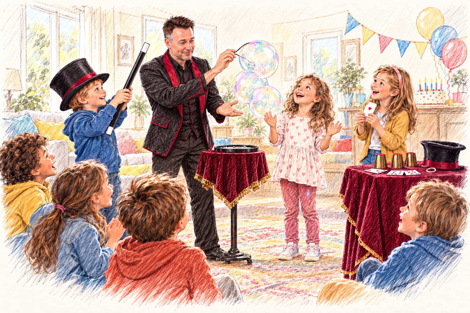 Croquis de Magie Sam réalisant une sculpture de bulles avec plusieurs enfants, dont un portant un chapeau et une grande baguette, dans une ambiance d’anniversaire.